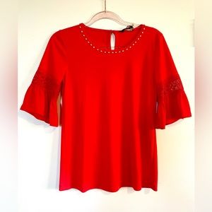 Karl Lagerfeld Bell Sleeve Wood Embelished Top NWT